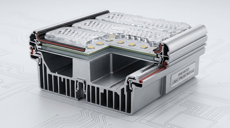 IP68 screw-free double-coupling light engine module showing dual silicon sealing rings protecting the LED chip and PCB.png